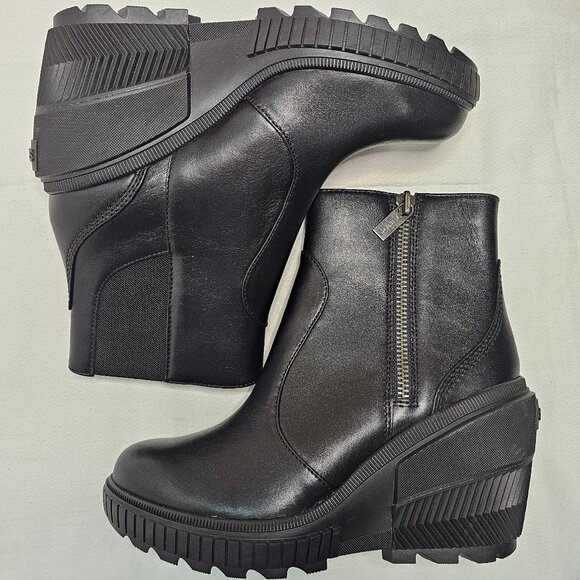 Sorel Wedge Heel Side Zip Black Leather Waterproof Boots Women's Size 8- NEW - Picture 9 of 11